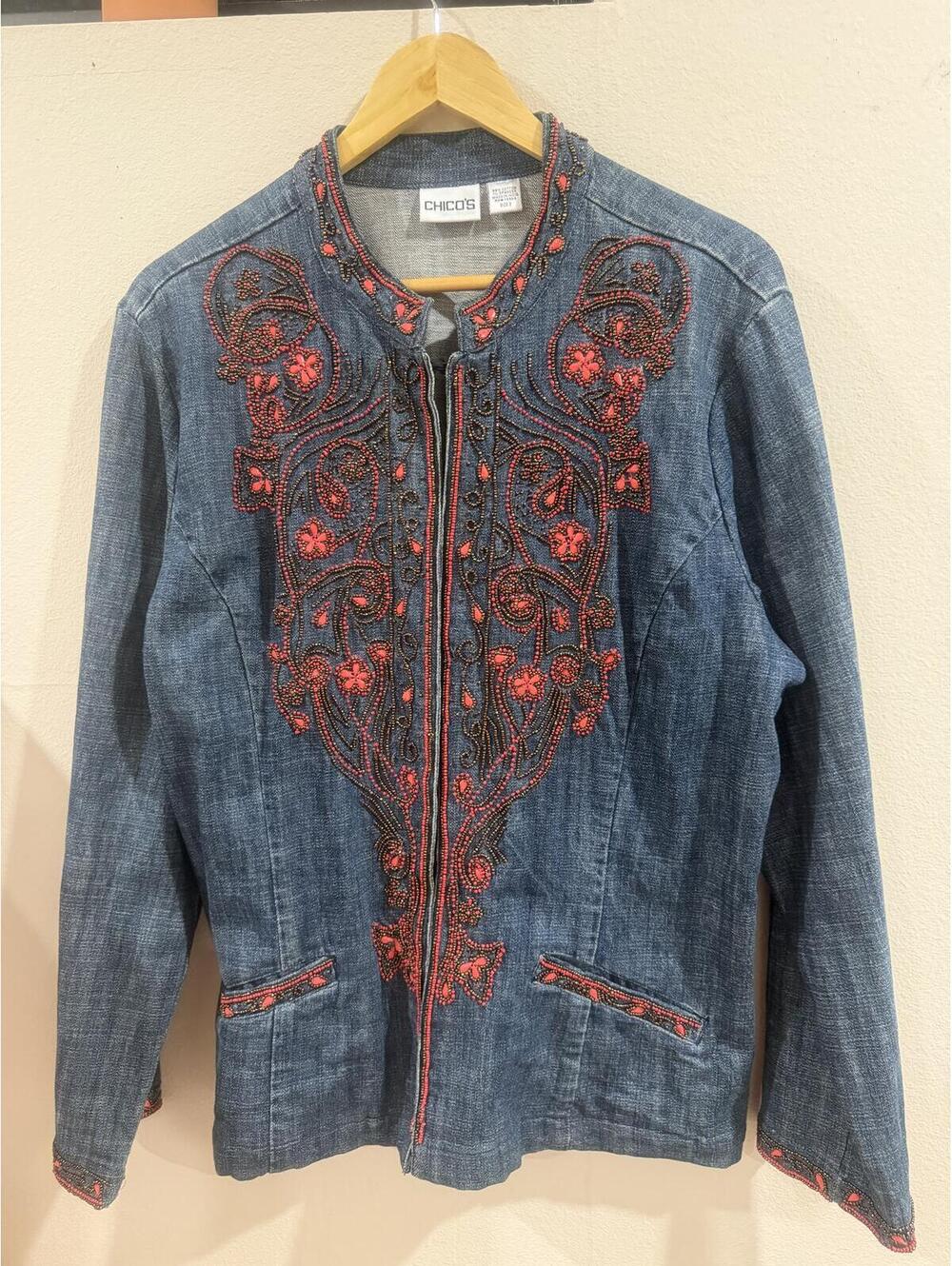 Chico's Jacket Womens 3 Embroidered Beaded Denim Red cod85